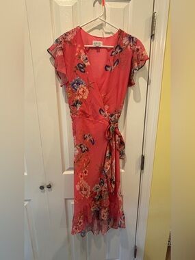 New York & Company Coral Floral Wrap Dress